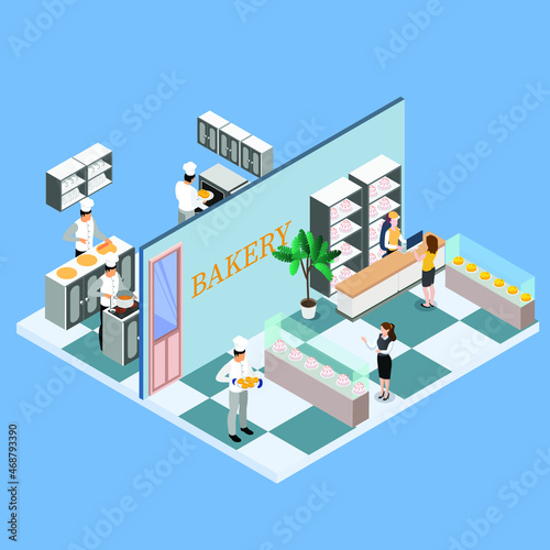 Bakery kitchen and bakery store 3d isometric vector illustration concept for banner, website, landing page, ads, flyer template