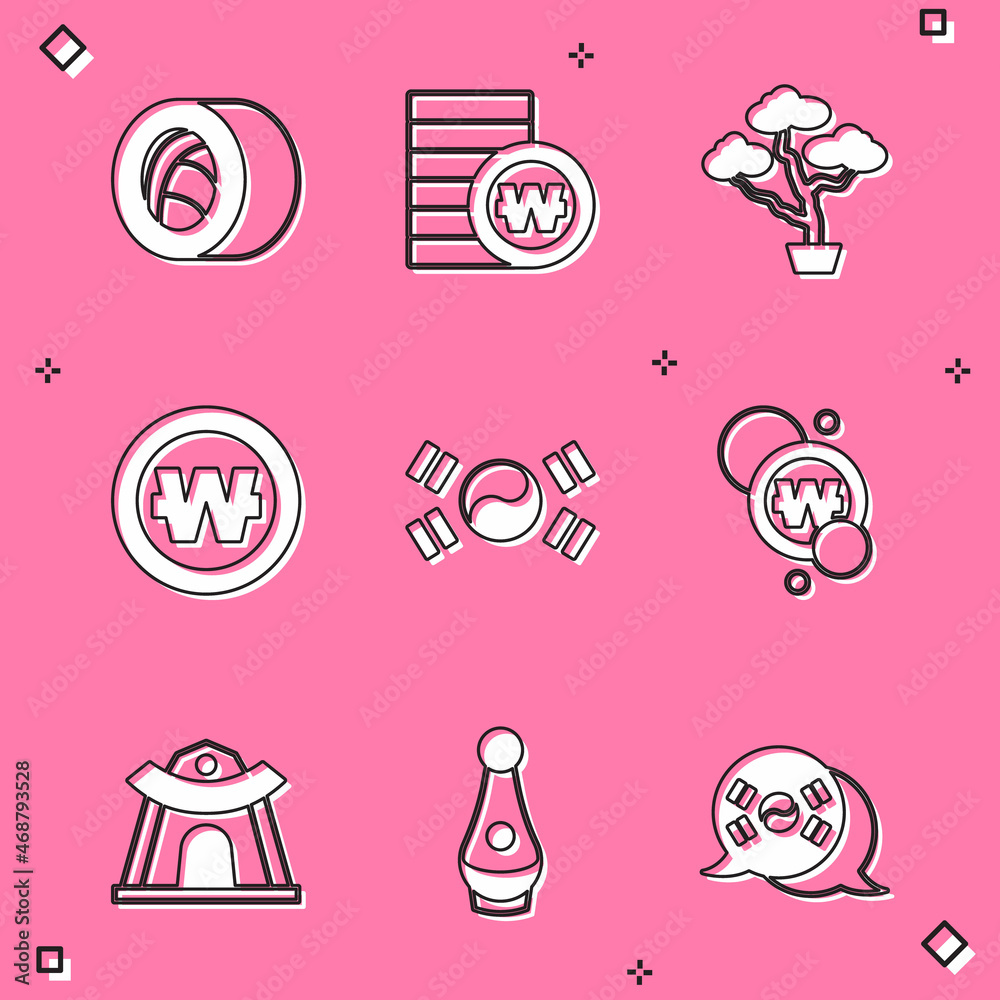 Set Sushi, South Korean won coin, Bonsai tree, flag, temple and Soju bottle icon. Vector Set Sushi, South Korean won coin, Bonsai tree, flag, temple and Soju bottle icon. Vector