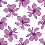 Hand drawn jasmine floral vector seamless pattern background. Illustrative pencil flower heads, blossom, petals. Purple white backdrop. Botanical repeat for medicinal healing plant. All over print