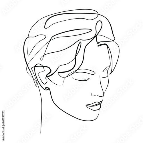 Woman head close up with short hair and her eyes closed line art on white isolated background. Vector illustration