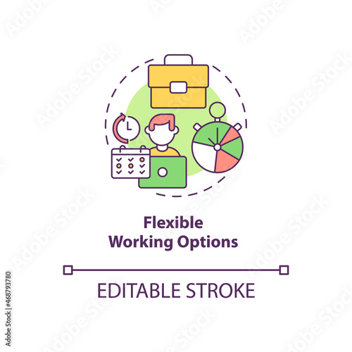 Flexible working options concept icon. Employee perks abstract idea thin line illustration. Remote working at home. Office workplace. Vector isolated outline color drawing. Editable stroke
