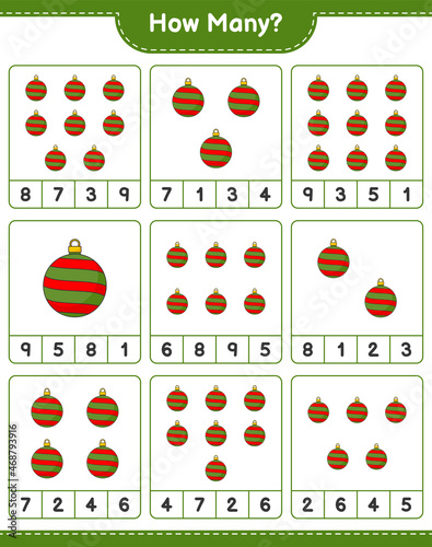 Counting game, how many Christmas Ball. Educational children game, printable worksheet, vector illustration
