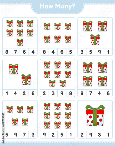 Counting game  how many Gift Box. Educational children game  printable worksheet  vector illustration