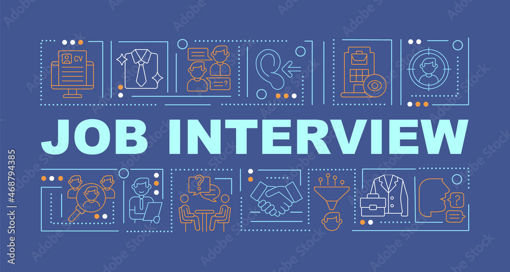 Interview for job position word concepts banner. Writing cv and preparing. Infographics with linear icons on blue background. Isolated creative typography. Vector outline color illustration with text