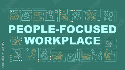 People focused workspace word concepts banner. Employee bonuses. Infographics with linear icons on green background. Isolated creative typography. Vector outline color illustration with text