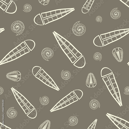 Ammonite trilobite haplophrentis vector seamless pattern background. Hand drawn shell cephalopod, arthropod, hyolithis ribbed fossils Extinct marine predators and filter feeders. For natural history