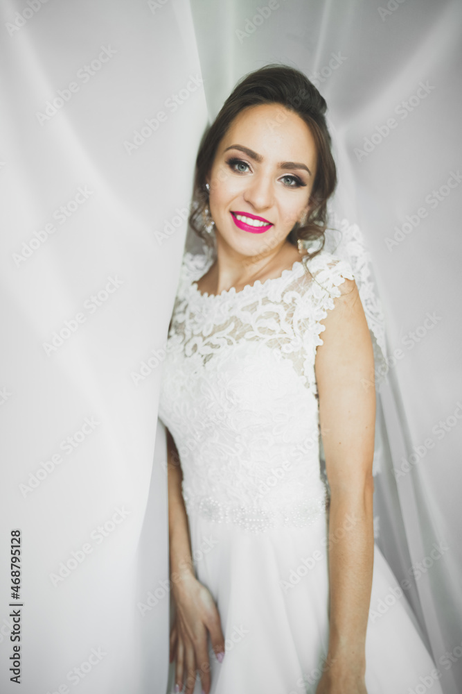 Gorgeous bride in robe posing and preparing for the wedding ceremony face in a room