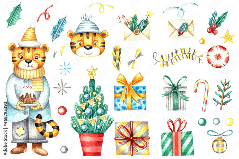 Fototapeta premium New Year's set with tigers. Watercolor illustration. Holiday. Winter. Patterns. Collection. Merry Christmas. Sweets. Gifts. Cute. Beautiful. Snow. Symbol. Bright. A party. Handmade work. Design.