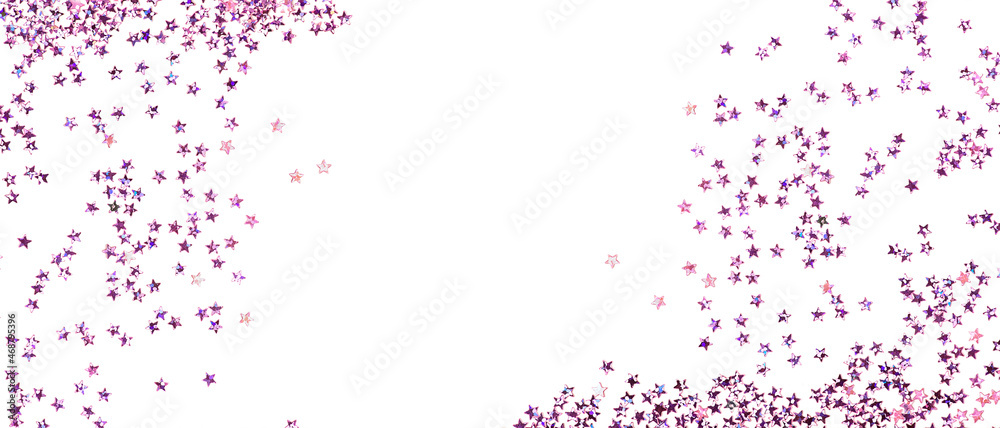 Violet confetti in the form of stars isolated on white banner. Festive day backdrop. Flat lay style with minimalistic design. Template for banner or party invitation