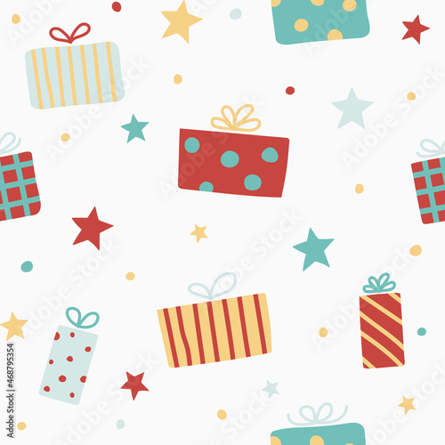 Concept of a seamless pattern with Christmas gift boxes. Xmas background. Vector