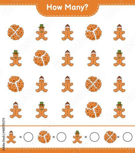 Counting game, how many Cookies and Gingerbread Man. Educational children game, printable worksheet, vector illustration