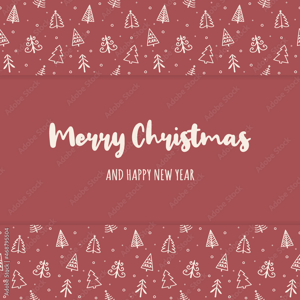 Christmas greeting card with hand drawn trees. Vector