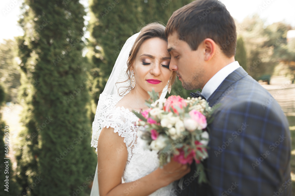 Perfect couple bride, groom posing and kissing in their wedding day Perfect couple bride, groom posing and kissing in their wedding day