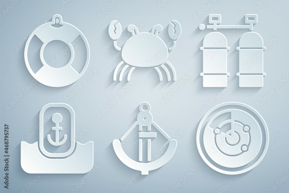 Set Anchor, Aqualung, Location with anchor, Radar targets, Crab and Lifebuoy icon. Vector Set Anchor, Aqualung, Location with anchor, Radar targets, Crab and Lifebuoy icon. Vector