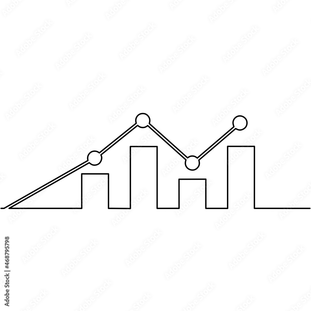 Continuous line drawing of bar chart, graph rising up, template for