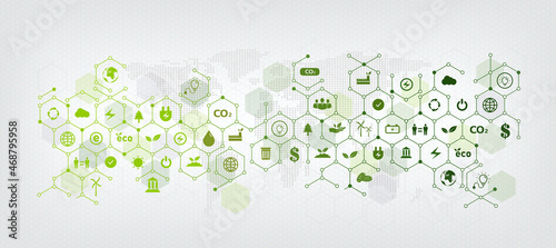 Green geometric business template and background for ECO sustainability concept related to environmental protection with ESG flat icons.