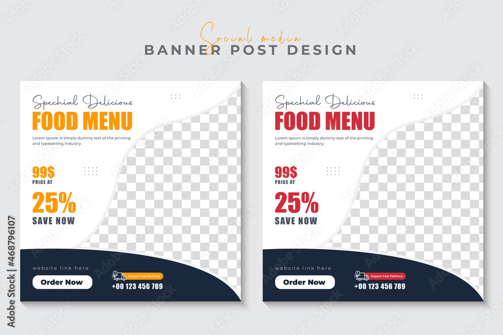 Fototapeta premium Food menu and restaurant social media banner promotion square flyer template design.