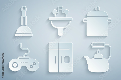 Bild auf Leinwand Set Refrigerator, Cooking pot, Gamepad, Kettle with handle, Washbasin and Rubber plunger icon