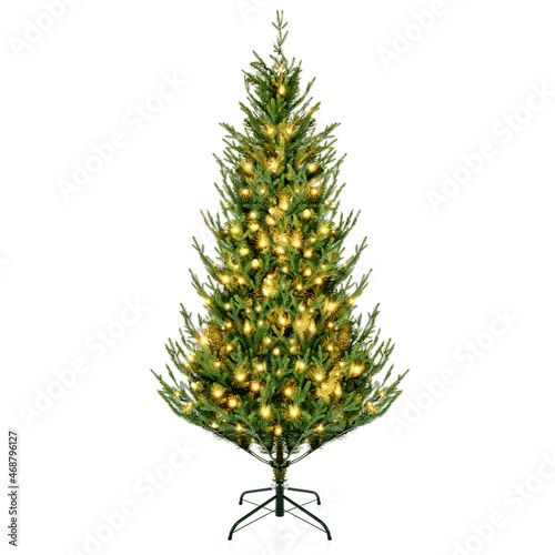 Isolated Christmas tree on a white background with Christmas lights on. 