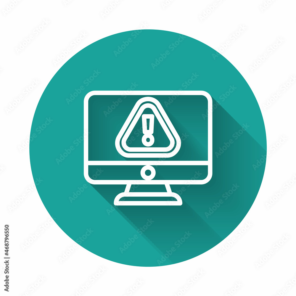 White line Computer monitor with exclamation mark icon isolated with long shadow. Alert message smartphone notification. Green circle button. Vector Illustration White line Computer monitor with exclamation mark icon isolated with long shadow. Alert message smartphone notification. Green circle button. Vector Illustration