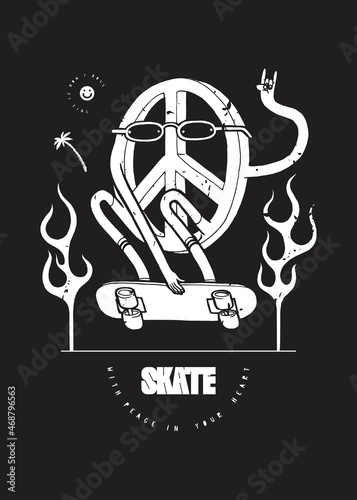 Peace skater. Stylish peace sign character skateboarding through fire. Skateboarding t-shirt print typography vector illustration.