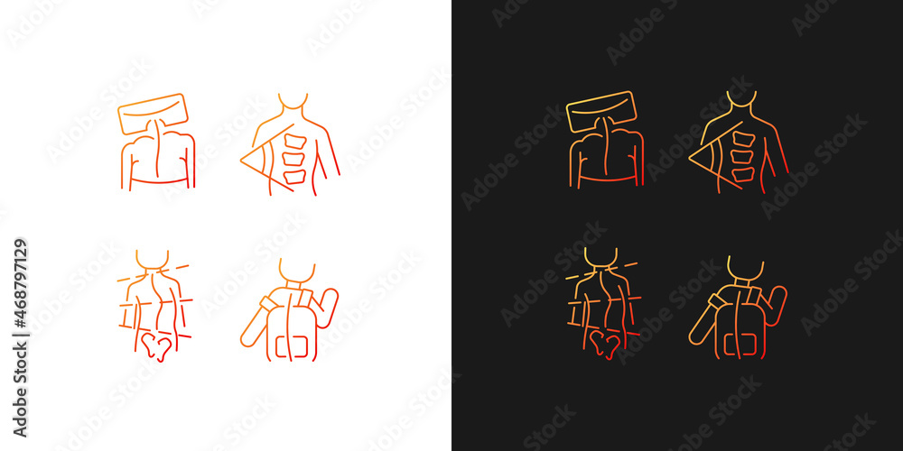 Spine curvature measure gradient icons set for dark and light mode. Spinal curve testing method. Thin line contour symbols bundle. Isolated vector outline illustrations collection on black and white