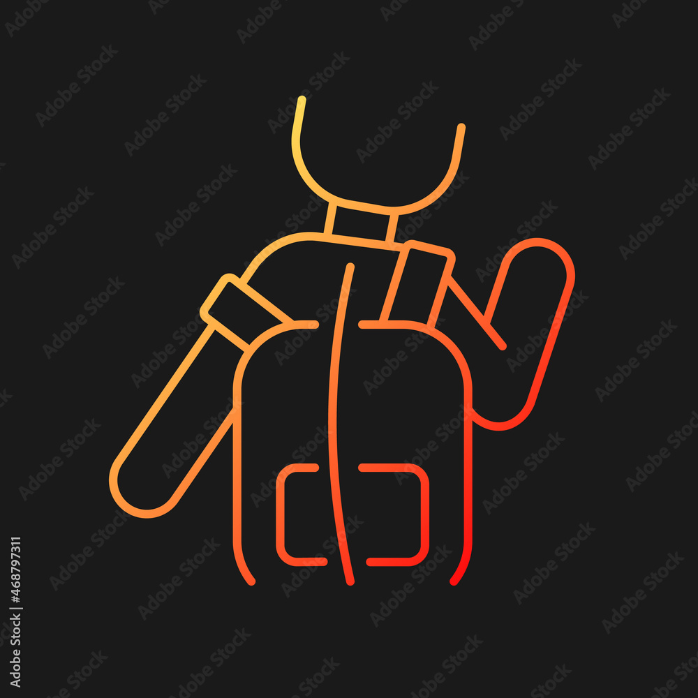 Incorrect use gradient vector icon for dark theme. Scoliosis cause. Backpack wearing wrong way. Harmful position. Thin line color symbol. Modern style pictogram. Vector isolated outline drawing Incorrect use gradient vector icon for dark theme. Scoliosis cause. Backpack wearing wrong way. Harmful position. Thin line color symbol. Modern style pictogram. Vector isolated outline drawing