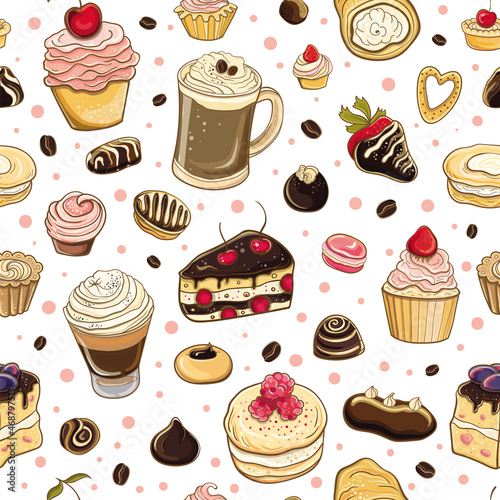 Vector seamless pattern with cakes, pastries and coffee (ID: 468797513)