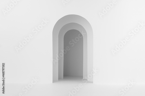 Fototapeta Abstract white stage mockup with blank contrast arch for presentation cosmetic product, design, advertising in modern minimal simple style