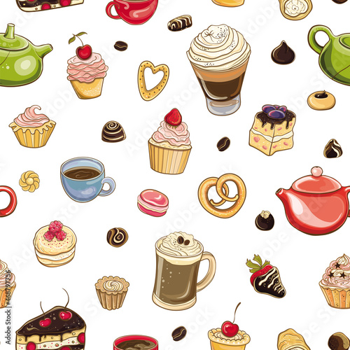 Vector seamless pattern with cakes, sweets and coffee (ID: 468797756)