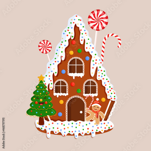Christmas gingerbread house illustration with Christmas tree, sweets and gingerbread man for postcard, banner, poster and website.
