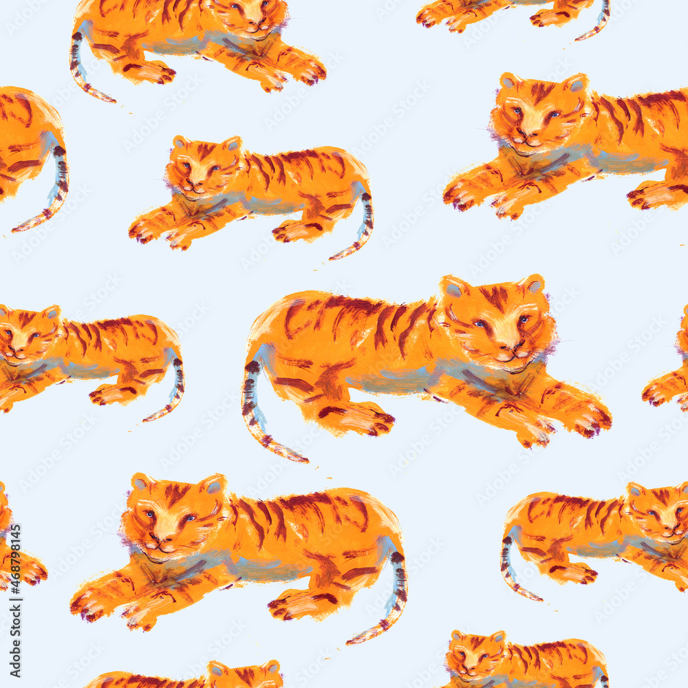 Trendy seamless pattern with hand drawn tigers