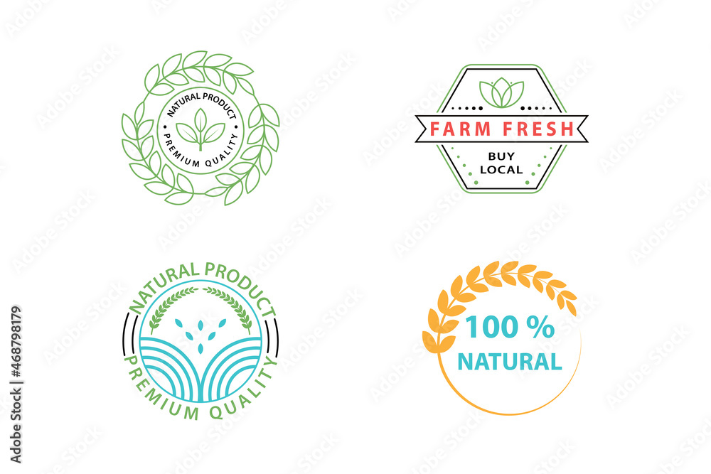 Eco-friendly icon pack with vector natural product icon label set. Premium quality logo badge line with green leaves. 100 percent certified organic.
