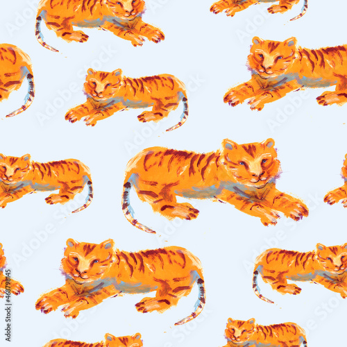 Trendy seamless pattern with hand drawn tigers (ID: 468798145)
