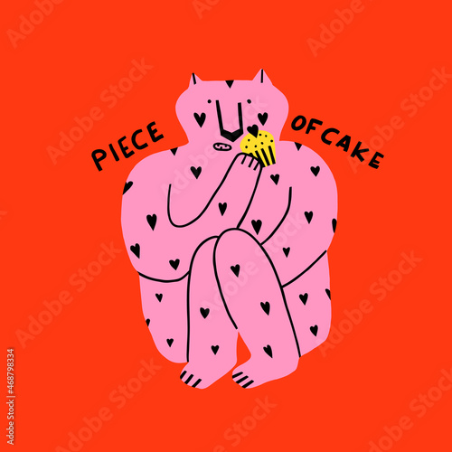 vector isolated pink tiger eating cake with humor lettering. Trending symbol of the new year 2022. christmas poster and card.Vibrant funky groove style. 80s, 70s quirky sticker flat animal tiger cub.