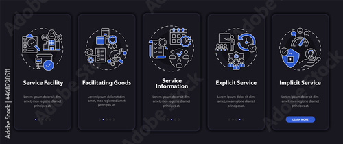 Service characteristics dark onboarding mobile app page screen. Operation management walkthrough 5 steps graphic instructions with concepts. UI, UX, GUI vector template with night mode illustrations