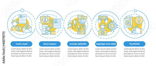 Writing resume vector infographic template. Job hunting presentation outline design elements. Data visualization with 5 steps. Process timeline info chart. Workflow layout with line icons