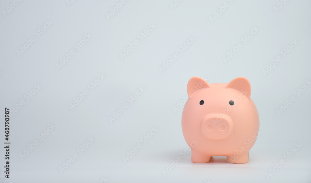 A pink piggy coin on a white background.Saving money concept .