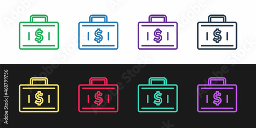 Set line Briefcase and money icon isolated on black and white background. Business case sign. Business portfolio. Financial management. Vector