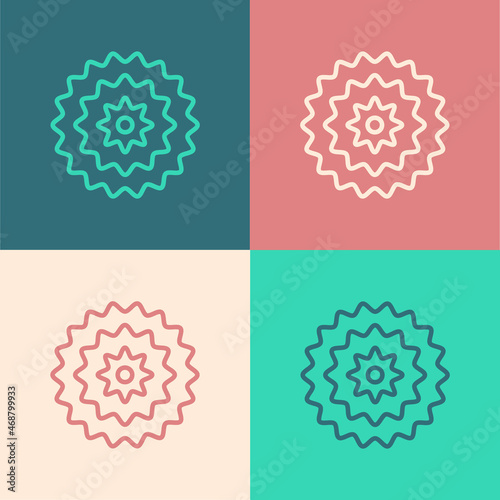 Pop art line Bicycle cassette mountain bike icon isolated on color background. Rear Bicycle Sprocket. Chainring crankset with chain. Vector