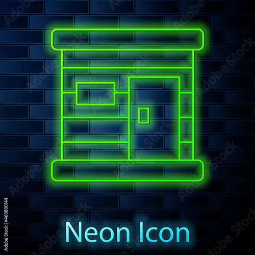 Glowing neon line Sauna wooden bathhouse icon isolated on brick wall background. Heat spa relaxation therapy bath and hot steam healthcare, relax therapy. Vector