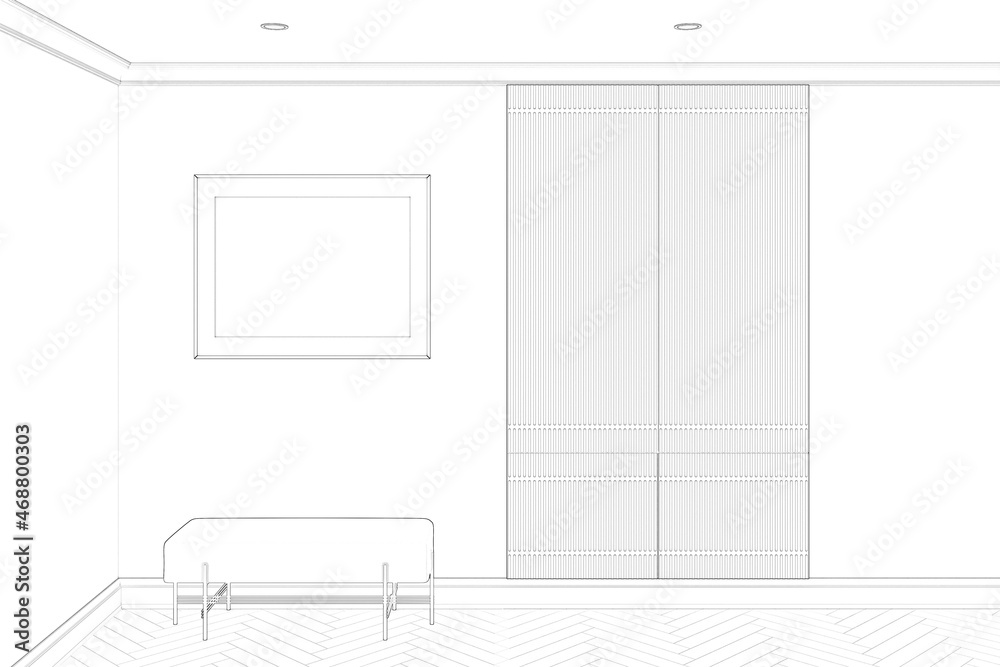 Sketch of the modern entrance hallway with a blank horizontal poster over the bench, wardrobe, ceiling recessed spotlights, parquet floor. Frontal view. 3d render