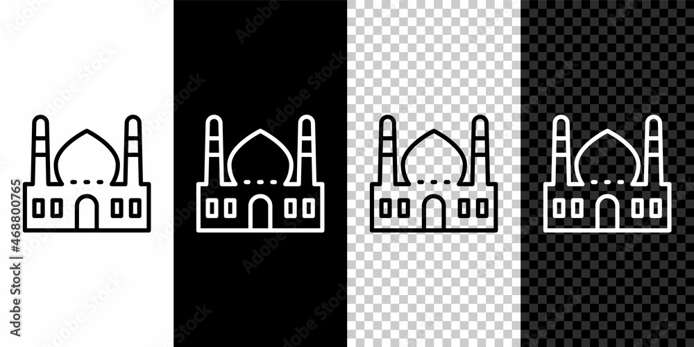 Set line Muslim Mosque icon isolated on black and white, transparent background. Vector Set line Muslim Mosque icon isolated on black and white, transparent background. Vector