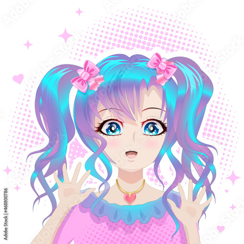 Beautiful girl with blue hair and blue eyes in anime style.