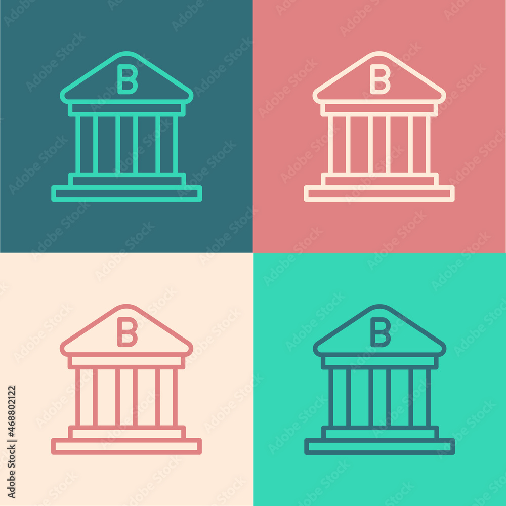 Pop art line Bank building icon isolated on color background. Vector