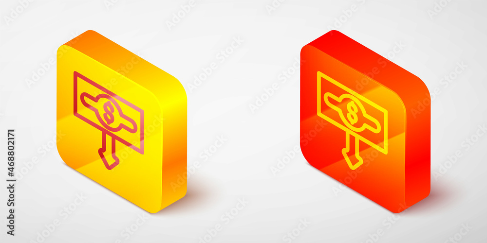 Isometric line Dollar rate decrease icon isolated on grey background. Cost reduction. Money symbol with down arrow. Business lost crisis decrease. Yellow and orange square button. Vector Isometric line Dollar rate decrease icon isolated on grey background. Cost reduction. Money symbol with down arrow. Business lost crisis decrease. Yellow and orange square button. Vector
