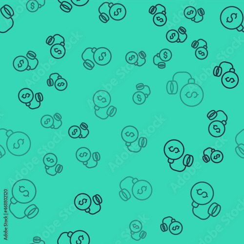 Black line Debt ball chained to dollar coin icon isolated seamless pattern on green background. Big heavy debt weight with shackles and money. Financial crime, fee, crisis. Vector