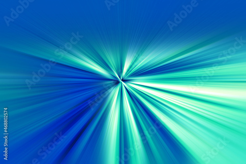 Abstract surface of radial blur zoom in turquoise, blue tones. Neon turquoise- blue background with radial, diverging, converging lines.