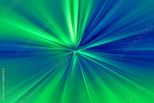 Abstract surface of radial blur zoom green, blue tones. Neon green- blue background with radial, diverging, converging lines.