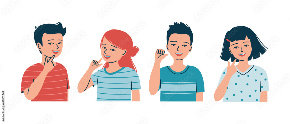 Fototapeta premium Happy smiling girls and boys with dental braces. Kids with orthodontic treatment show bracket system. Flat vector illustration isolated on white background 